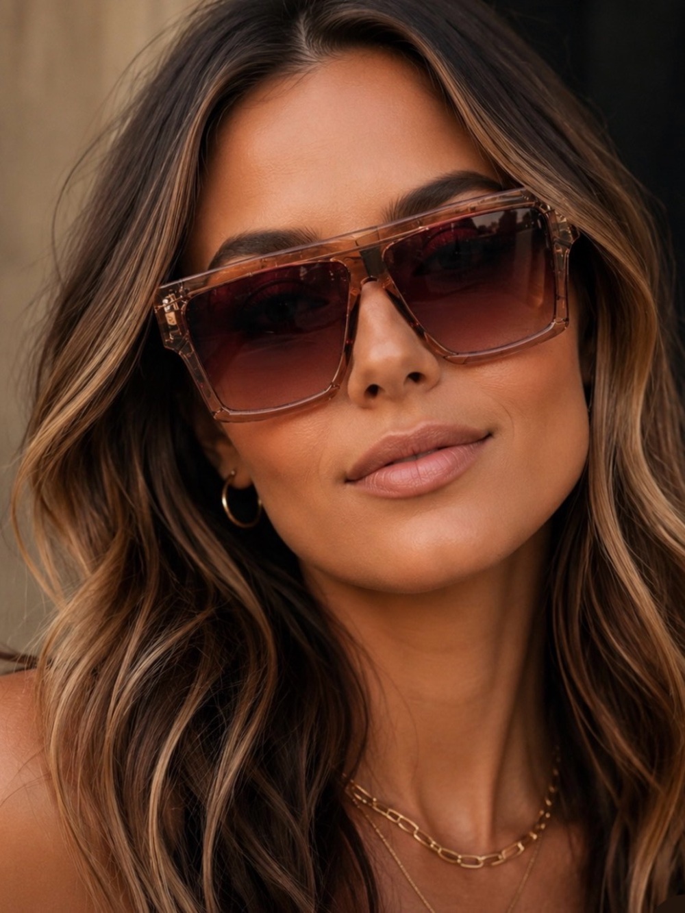 VOT Oversized Square Gradient Sunglasses - Amber/Burgundy